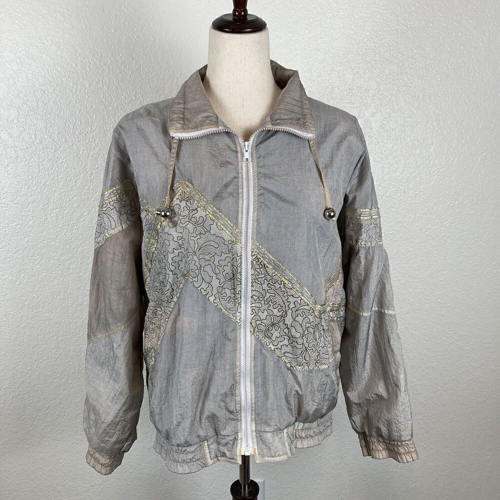Vintage G4000 Gray Lace Windbreaker Jacket M/L  80s 90s Retro Full Zip Woman’s